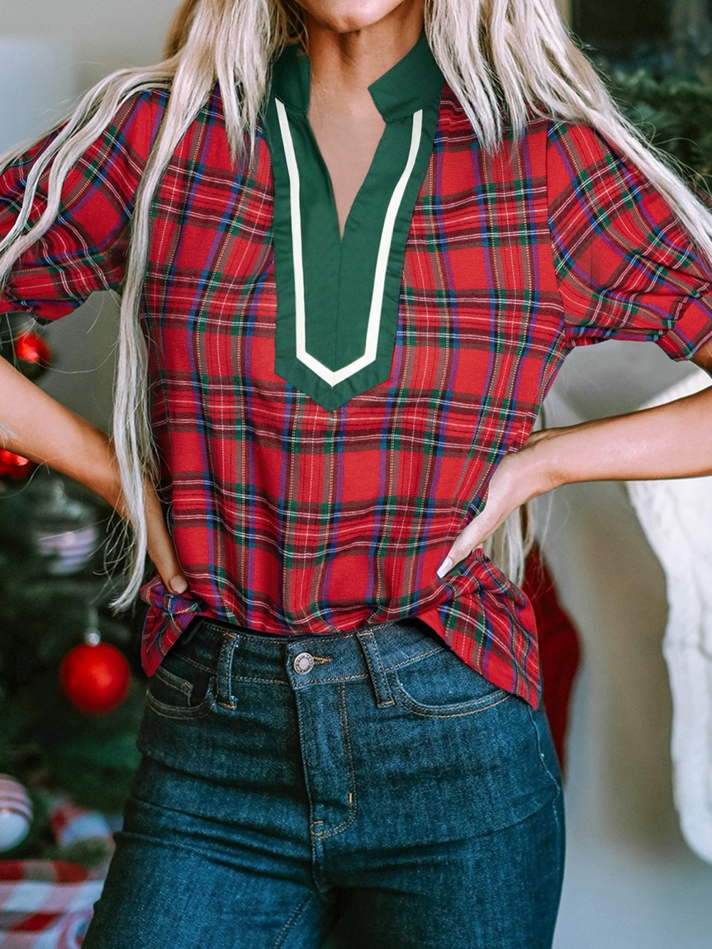 Plaid Notched Short Sleeve Blouse - Picture 3 of 4